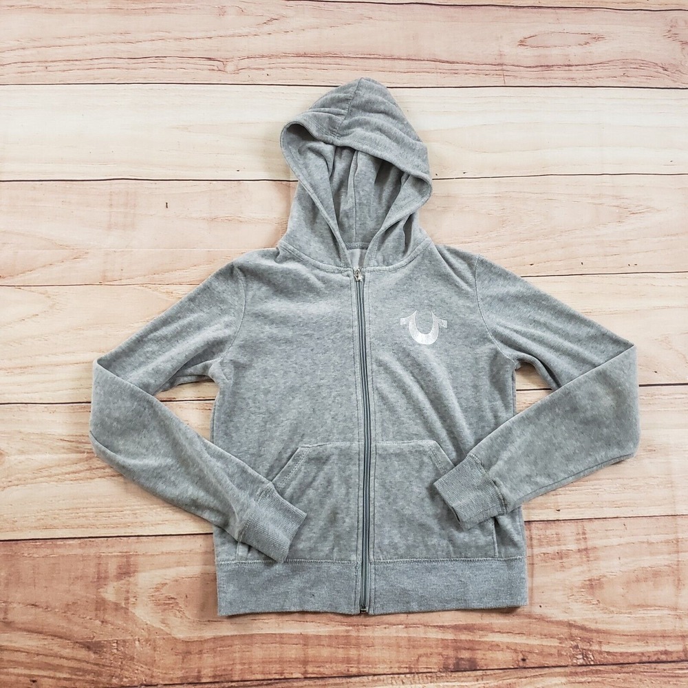 True Religion Sweater Womens Small Gray‎ Outdoor Full Zip Velour Hooded Buddha